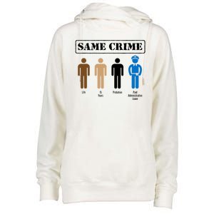 Same Crime Different Time Funny Satirical Womens Funnel Neck Pullover Hood