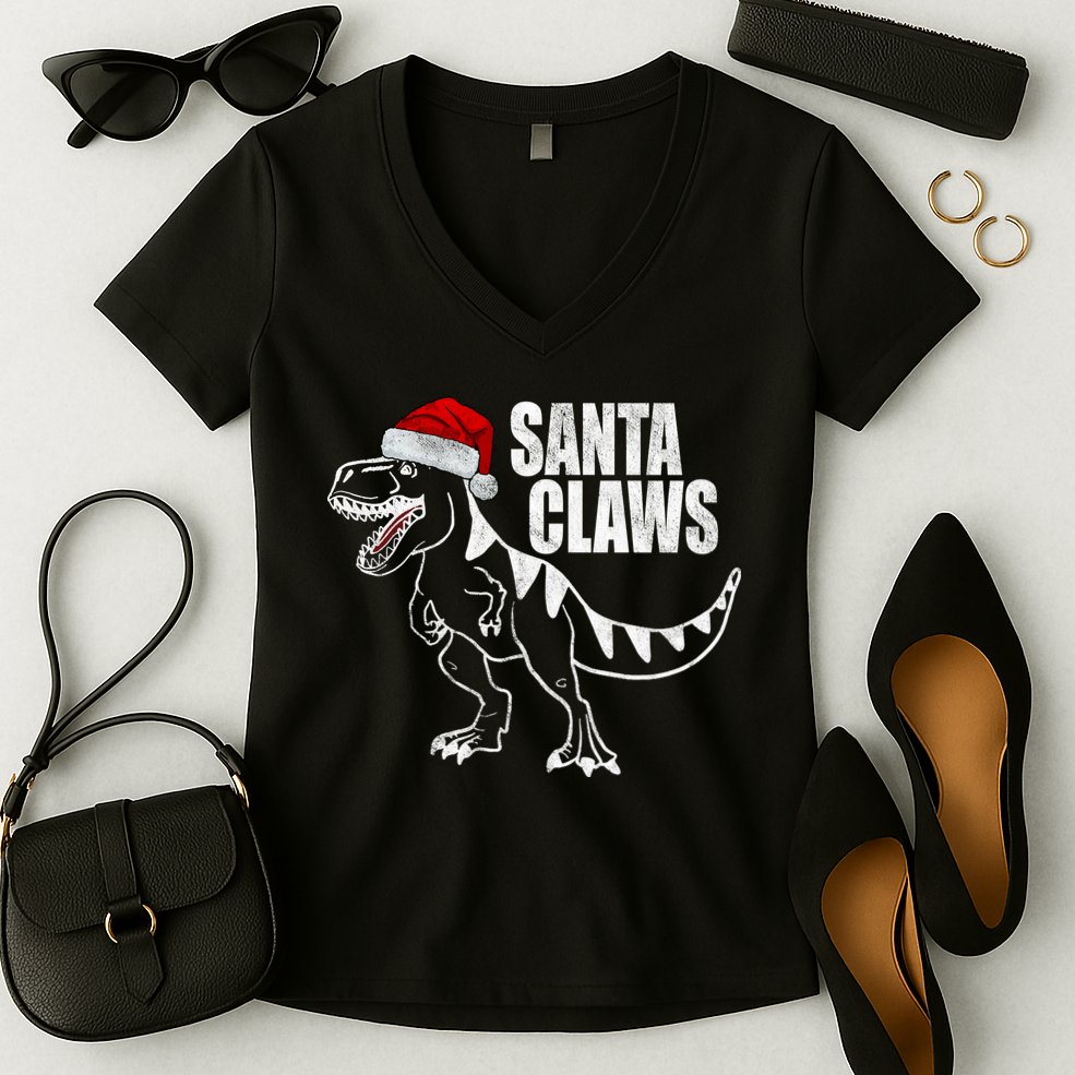 Santa Claws Dinosaur Christmas Women's V-Neck T-Shirt