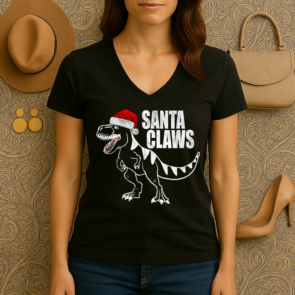 Santa Claws Dinosaur Christmas Women's V-Neck T-Shirt