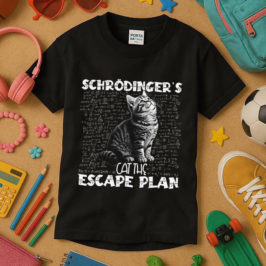 SchröDingerS Cat Escape Plan Phyzique Design Funny Cat Kids T-Shirt