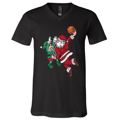 Santa Claus Elf Playing Basketball Christmas Pajama Sport XMas V-Neck T-Shirt