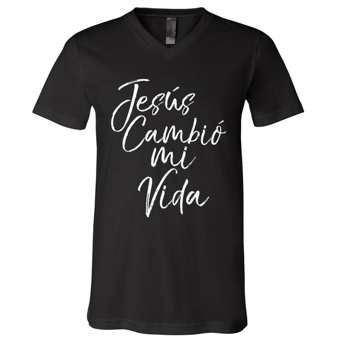 Spanish Christian EspañOl Bible Verse JesúS Cambió Mi Vida V-Neck T-Shirt