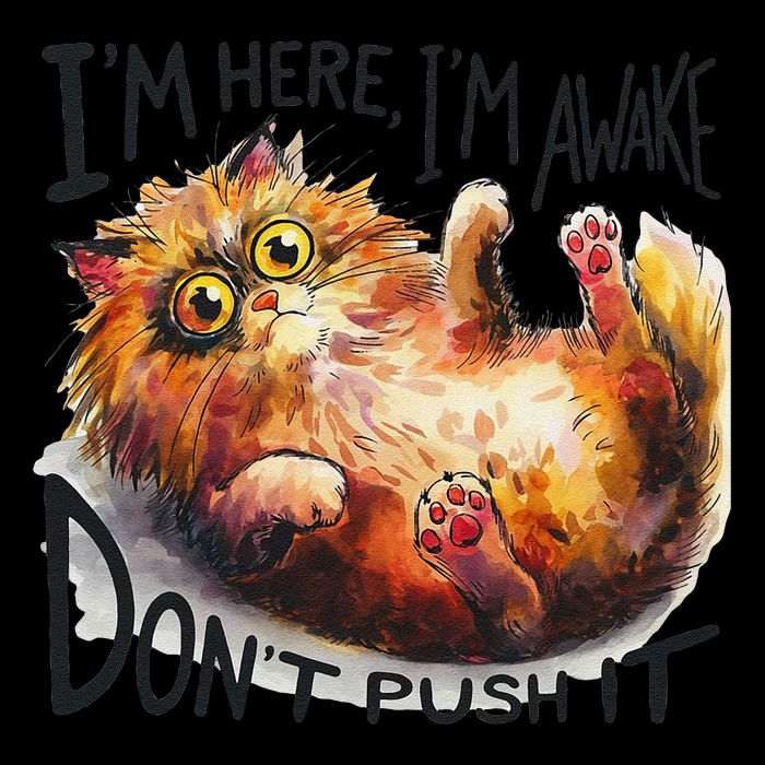 Sarcastic Cat Funny Cat Im Here Im Awake Dont Push It Flat Bill Trucker Hat