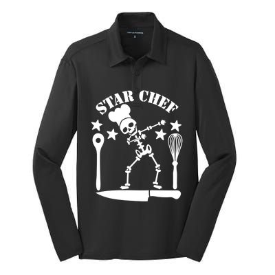 Star Chef Funny Dabbing Skeleton With Chefs Hat Funny Gift Silk Touch Performance Long Sleeve Polo