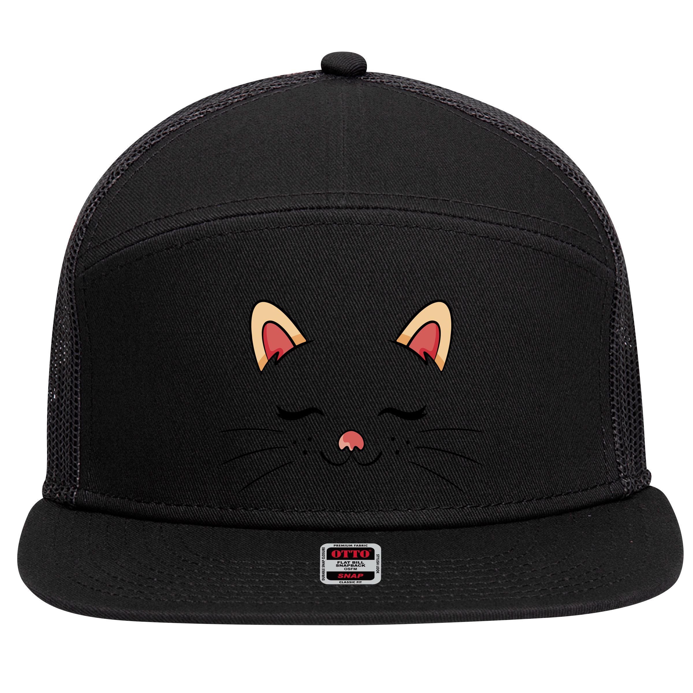 Sleeping Cat Face 7 Panel Mesh Trucker Snapback Hat