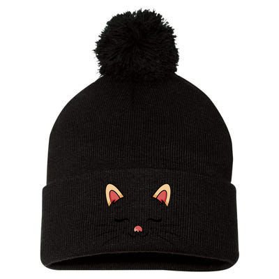 Sleeping Cat Face Pom Pom 12in Knit Beanie