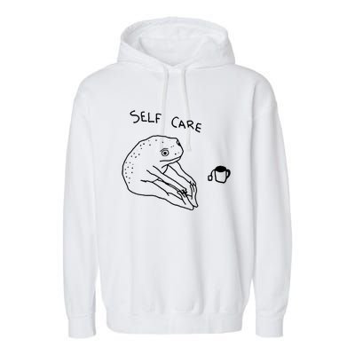 Self Care Frog Drinking Tea Funny Frog Garment-Dyed Fleece Hoodie