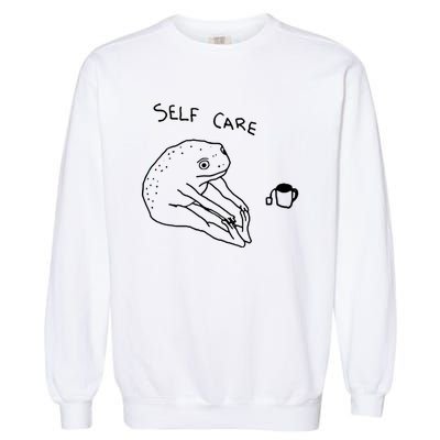 Self Care Frog Drinking Tea Funny Frog Garment-Dyed Sweatshirt