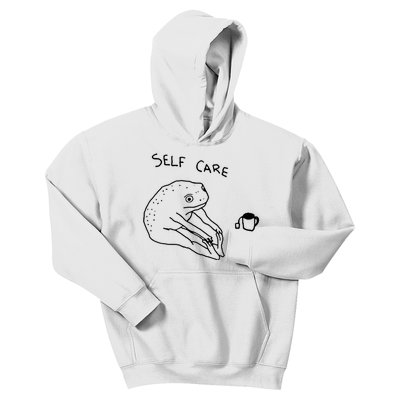 Self Care Frog Drinking Tea Funny Frog Kids Hoodie