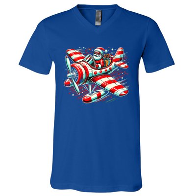 Santa Claus Flying Airplane Christmas Pilot Xmas Gift V-Neck T-Shirt