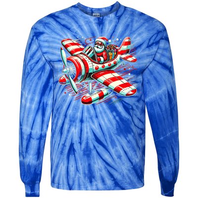 Santa Claus Flying Airplane Christmas Pilot Xmas Gift Tie-Dye Long Sleeve Shirt