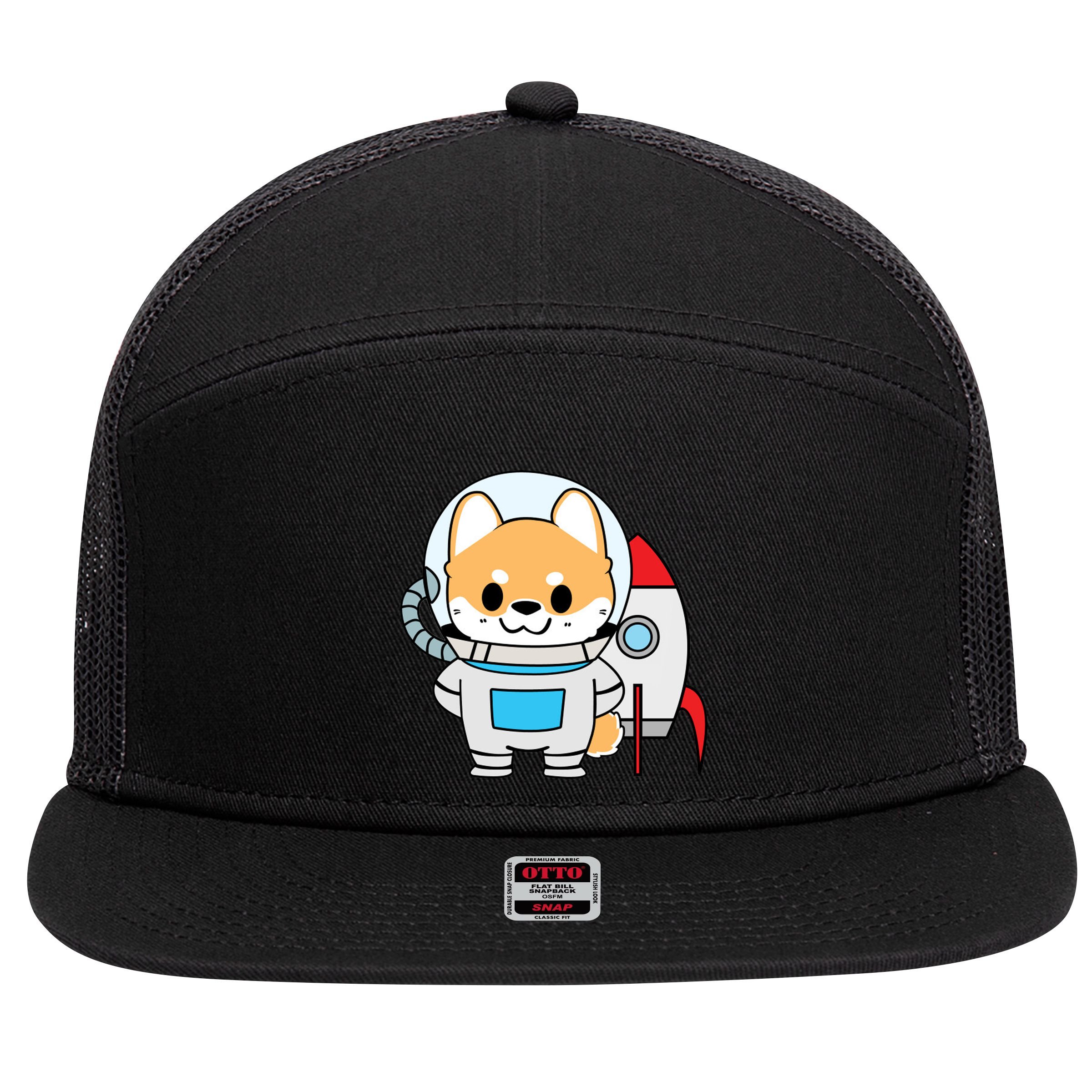 Shiba Cute Fox Rocket Ship Cartoon 7 Panel Mesh Trucker Snapback Hat