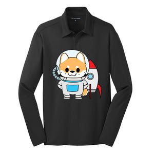 Shiba Cute Fox Rocket Ship Cartoon Silk Touch Performance Long Sleeve Polo