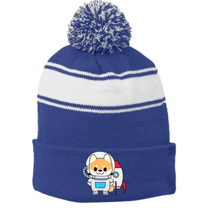 Shiba Cute Fox Rocket Ship Cartoon Stripe Pom Pom Beanie