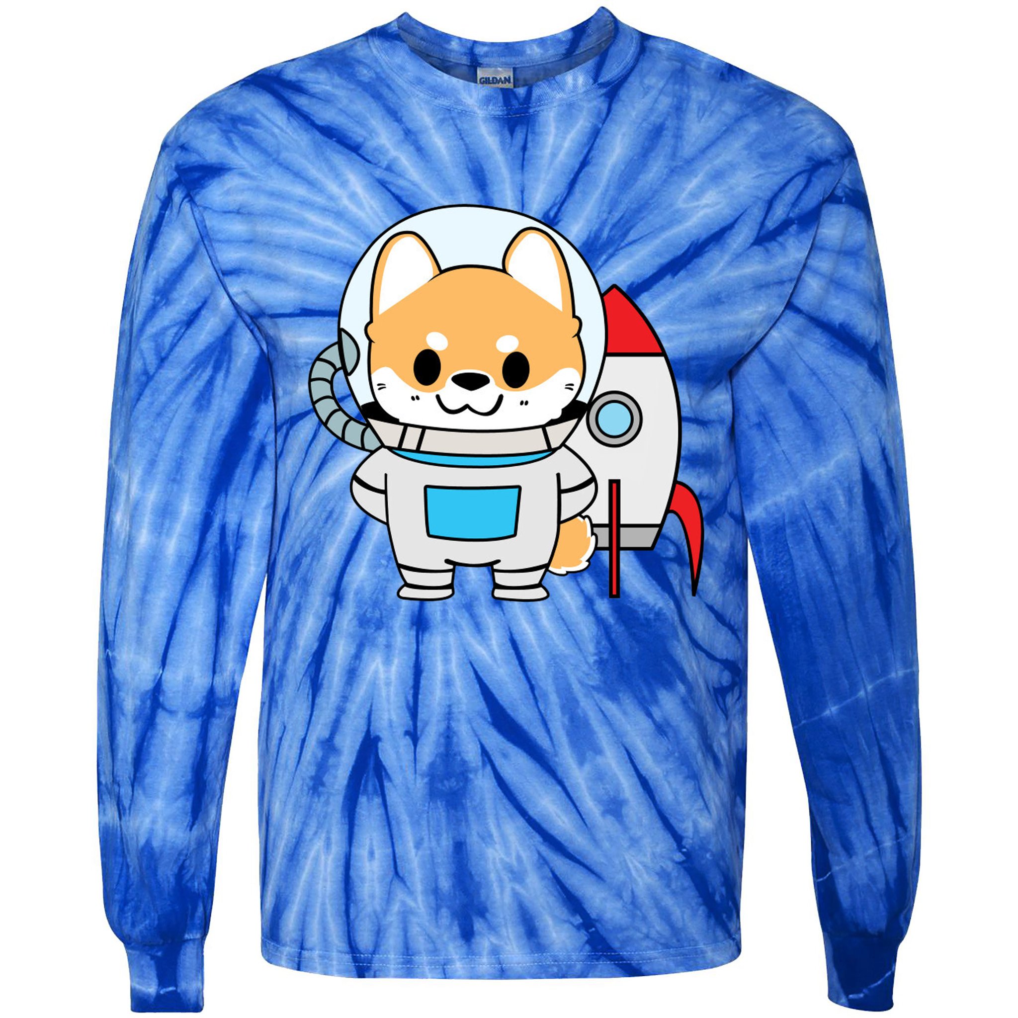 Shiba Cute Fox Rocket Ship Cartoon Tie-Dye Long Sleeve Shirt