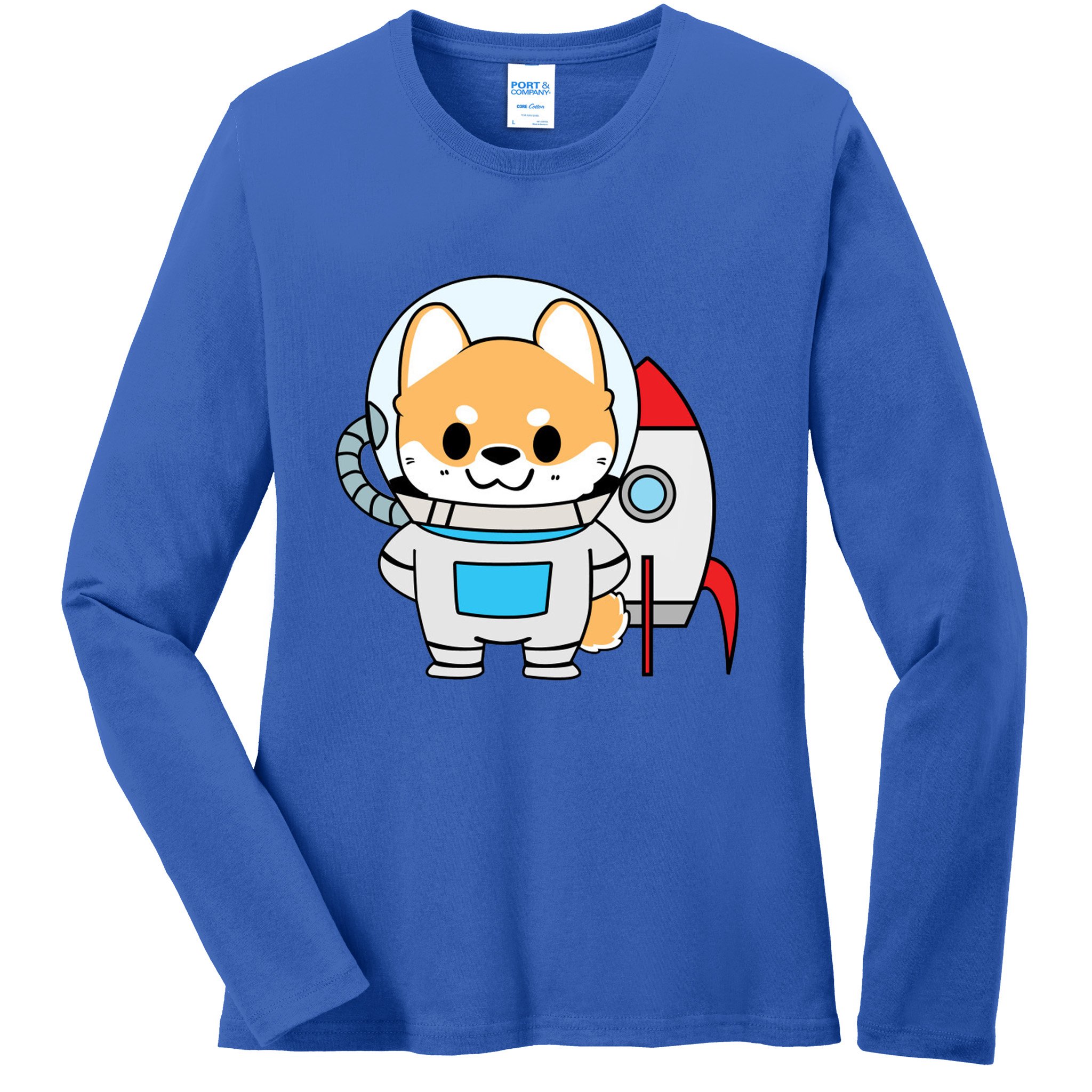 Shiba Cute Fox Rocket Ship Cartoon Ladies Long Sleeve Shirt