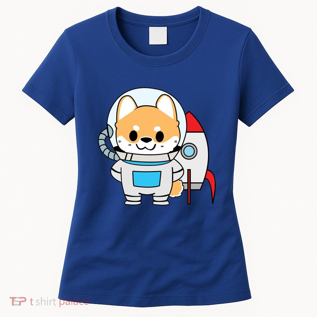 Shiba Cute Fox Rocket Ship Cartoon Womens T-Shirt