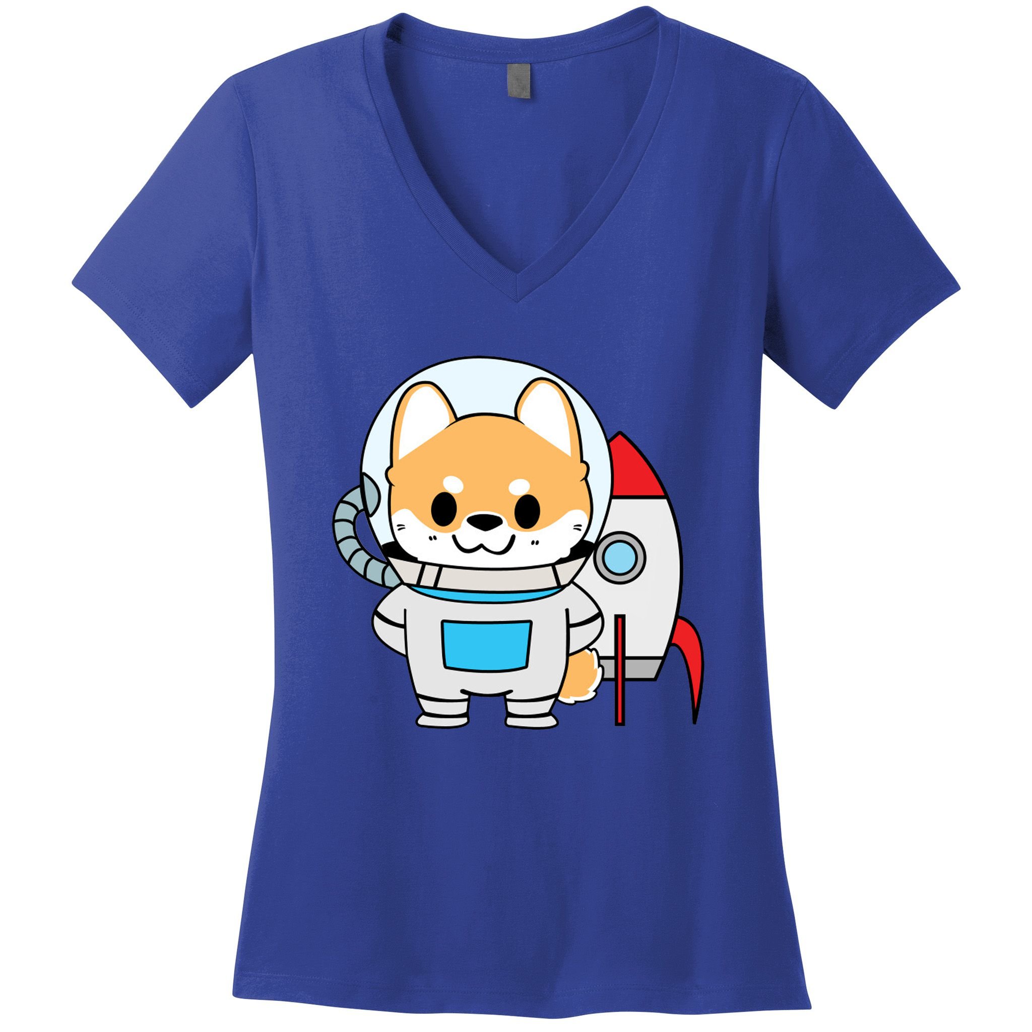 Shiba Cute Fox Rocket Ship Cartoon Women's V-Neck T-Shirt