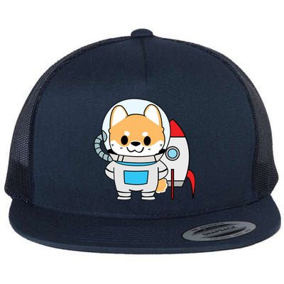 Shiba Cute Fox Rocket Ship Cartoon Flat Bill Trucker Hat