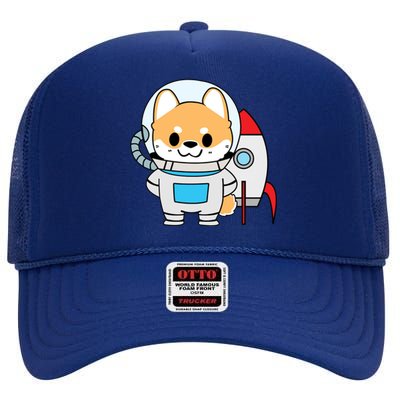 Shiba Cute Fox Rocket Ship Cartoon High Crown Mesh Back Trucker Hat