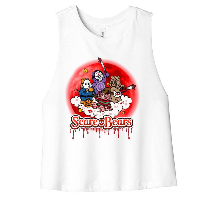 Scary Care Funny Halloween Scare Bears Horror Faces Women's Racerback Cropped Tank