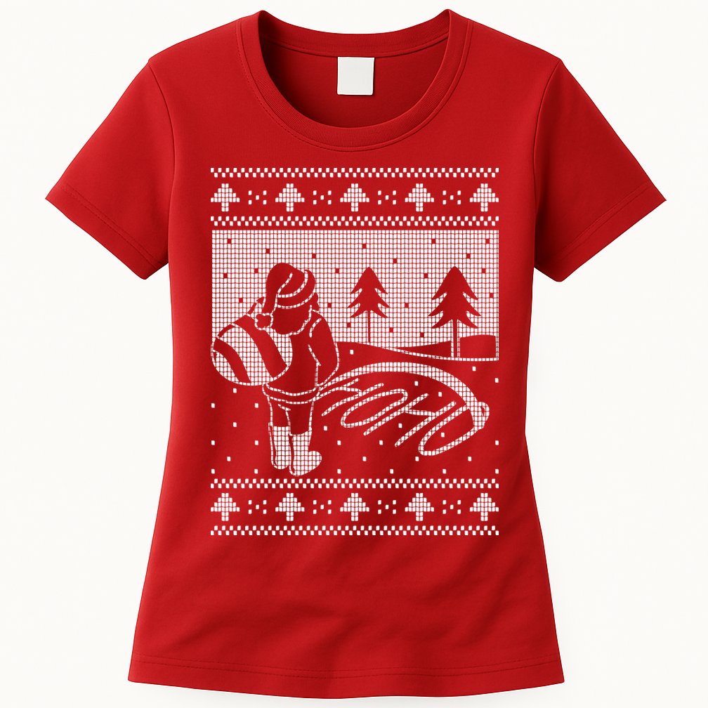 Santa Claus Funny Taking A Leak Ho Ho Ho Tree Snow Ugly Christmas Womens T-Shirt