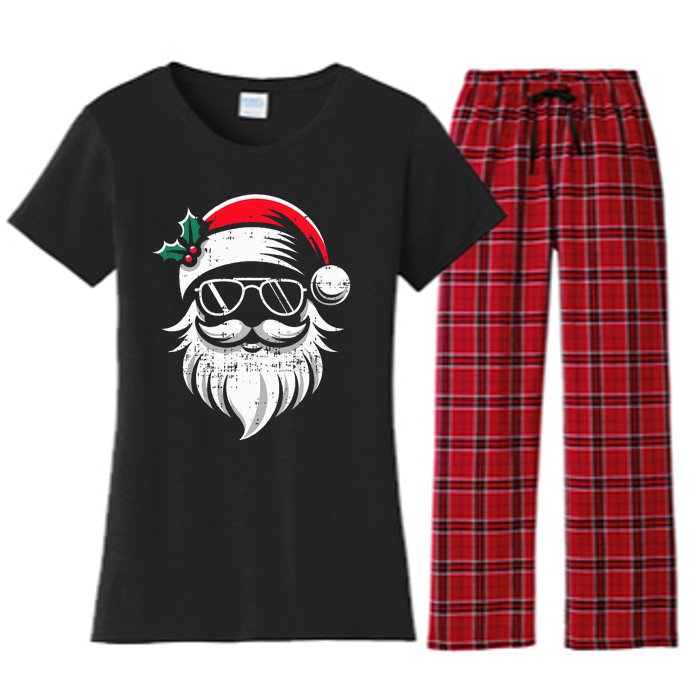 Santa Claus Face Sunglasses With Hat Beard Xmas  Women's Flannel Pajama Set