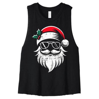 Santa Claus Face Sunglasses With Hat Beard Xmas  Women's Racerback Cropped Tank