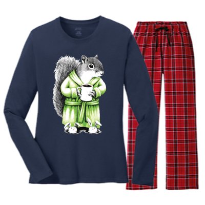 Squirrel Coffee Funny Coffee Drinking Squirrel Women's Long Sleeve Flannel Pajama Set 