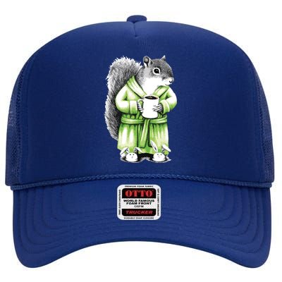 Squirrel Coffee Funny Coffee Drinking Squirrel High Crown Mesh Back Trucker Hat