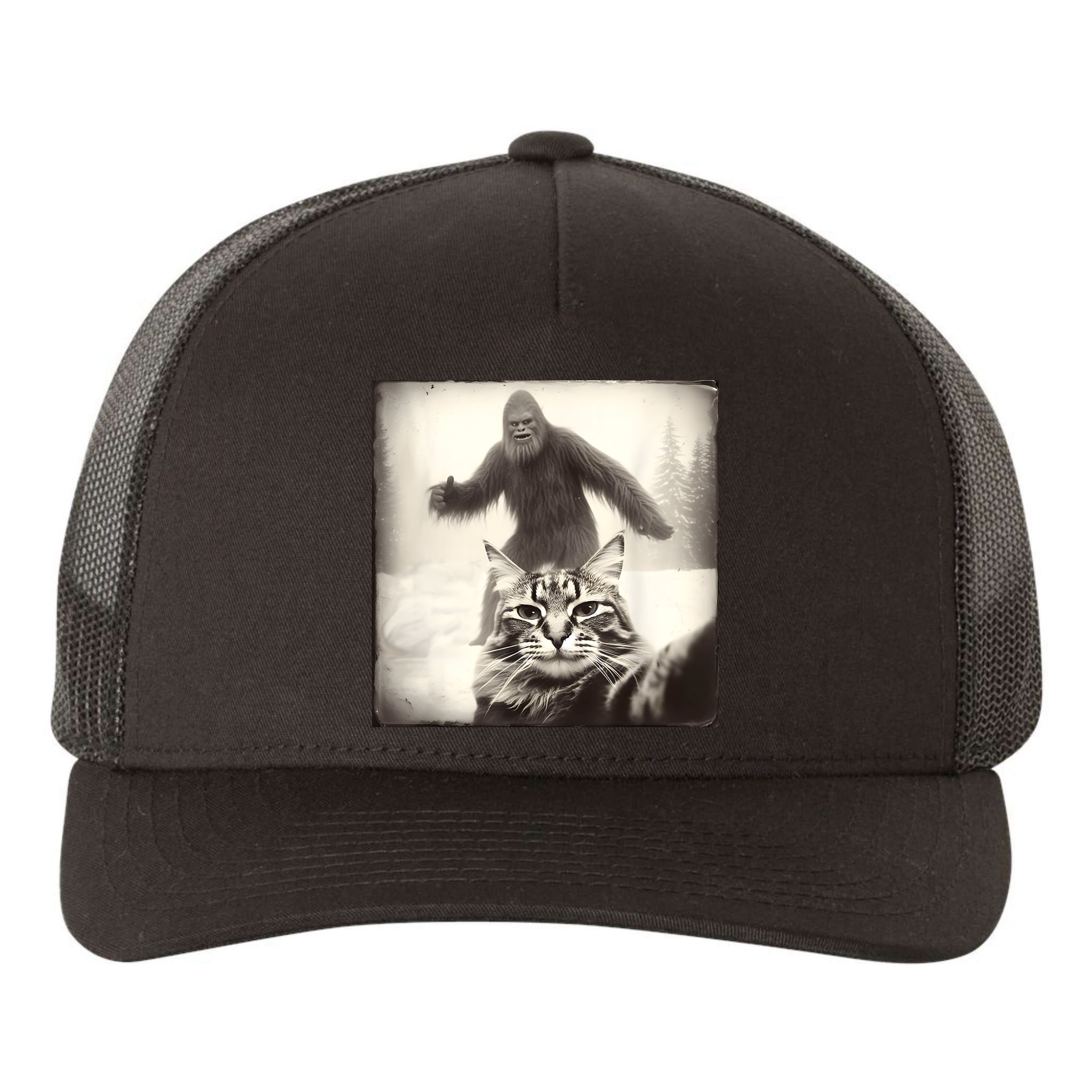 Selfie Cat Finds Bigfoot Sasquatch Funny Cat Bigfoot Photo Yupoong Adult 5-Panel Trucker Hat