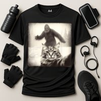 Selfie Cat Finds Bigfoot Sasquatch Funny Cat Bigfoot Photo Cooling Performance Crew T-Shirt