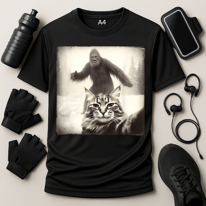 Selfie Cat Finds Bigfoot Sasquatch Funny Cat Bigfoot Photo Cooling Performance Crew T-Shirt