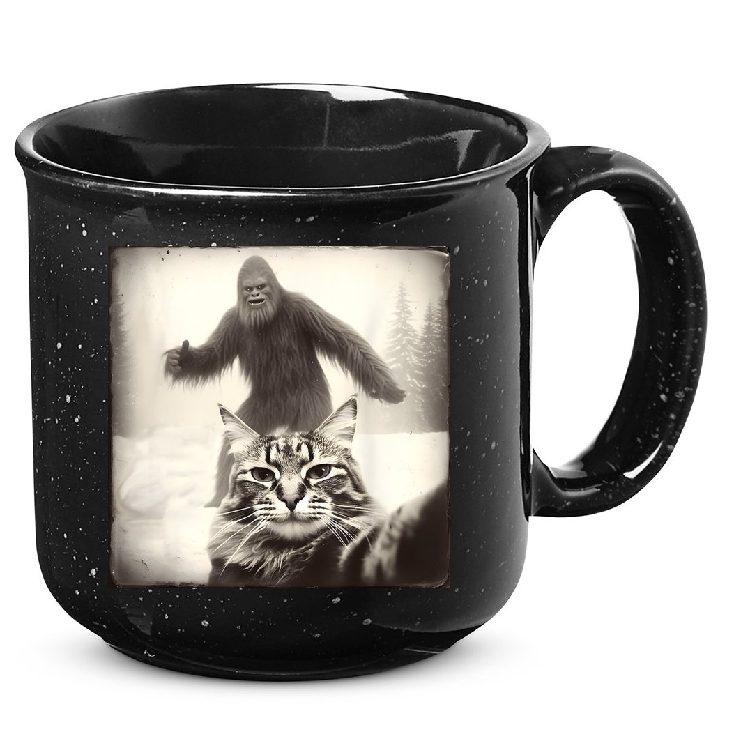 Selfie Cat Finds Bigfoot Sasquatch Funny Cat Bigfoot Photo 15oz Campfire Ceramic Mug