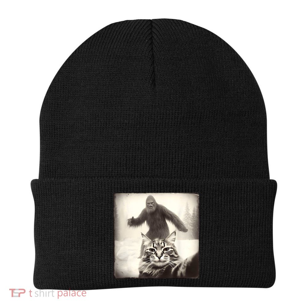Selfie Cat Finds Bigfoot Sasquatch Funny Cat Bigfoot Photo Beanie