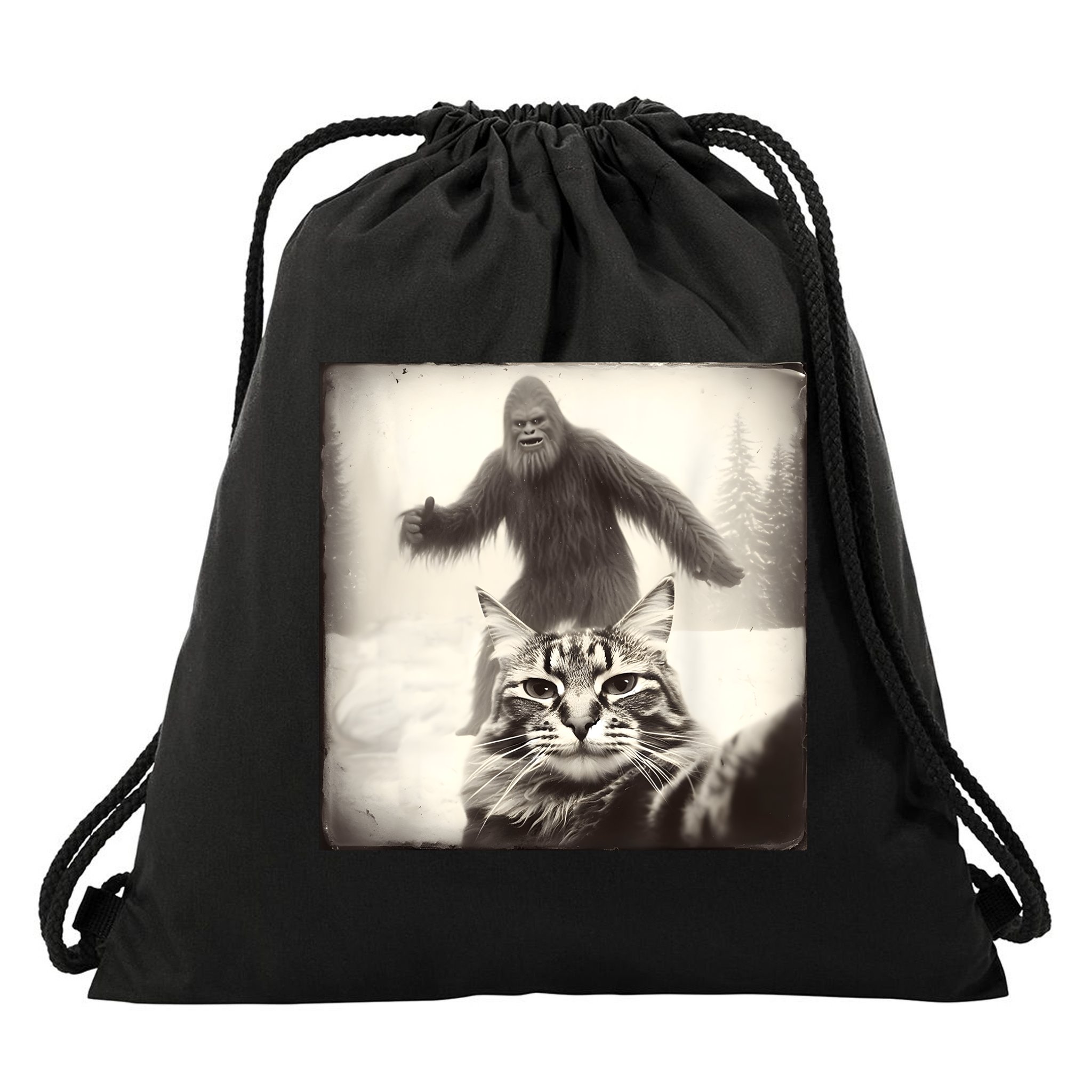 Selfie Cat Finds Bigfoot Sasquatch Funny Cat Bigfoot Photo Drawstring Bag