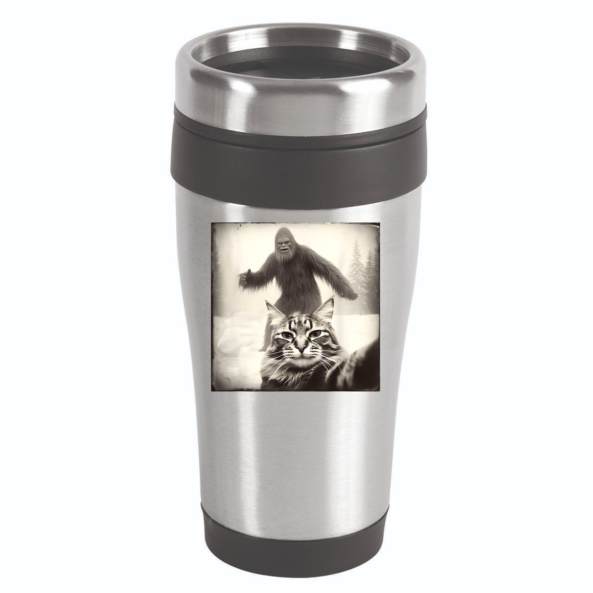 Selfie Cat Finds Bigfoot Sasquatch Funny Cat Bigfoot Photo 16oz Travel Tumbler