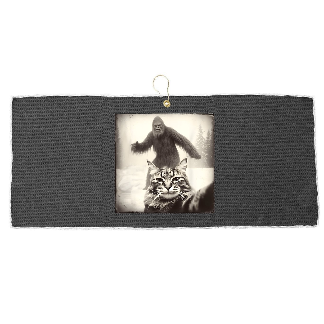 Selfie Cat Finds Bigfoot Sasquatch Funny Cat Bigfoot Photo Large Microfiber Waffle Golf Towel