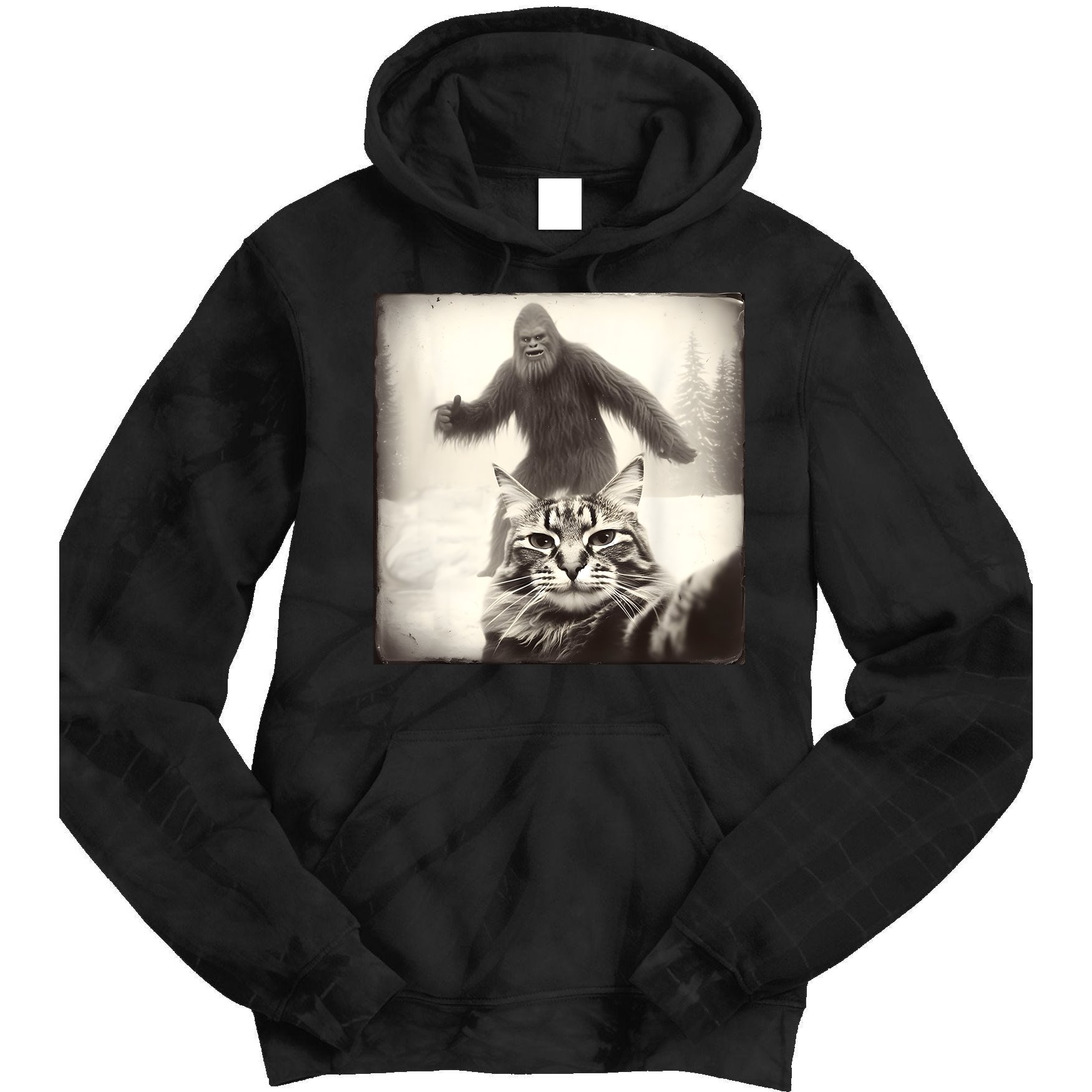 Selfie Cat Finds Bigfoot Sasquatch Funny Cat Bigfoot Photo Tie Dye Hoodie