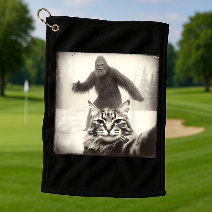 Selfie Cat Finds Bigfoot Sasquatch Funny Cat Bigfoot Photo Golf Towel