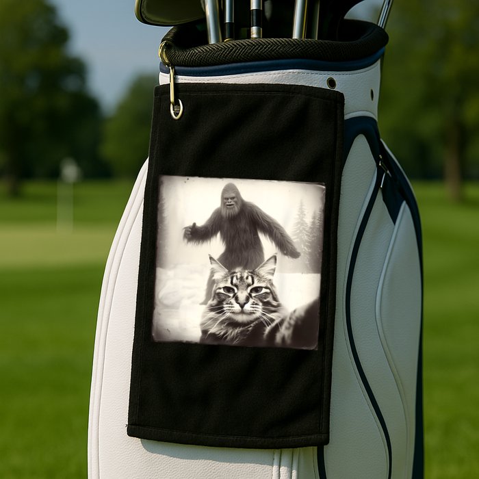 Selfie Cat Finds Bigfoot Sasquatch Funny Cat Bigfoot Photo Golf Towel