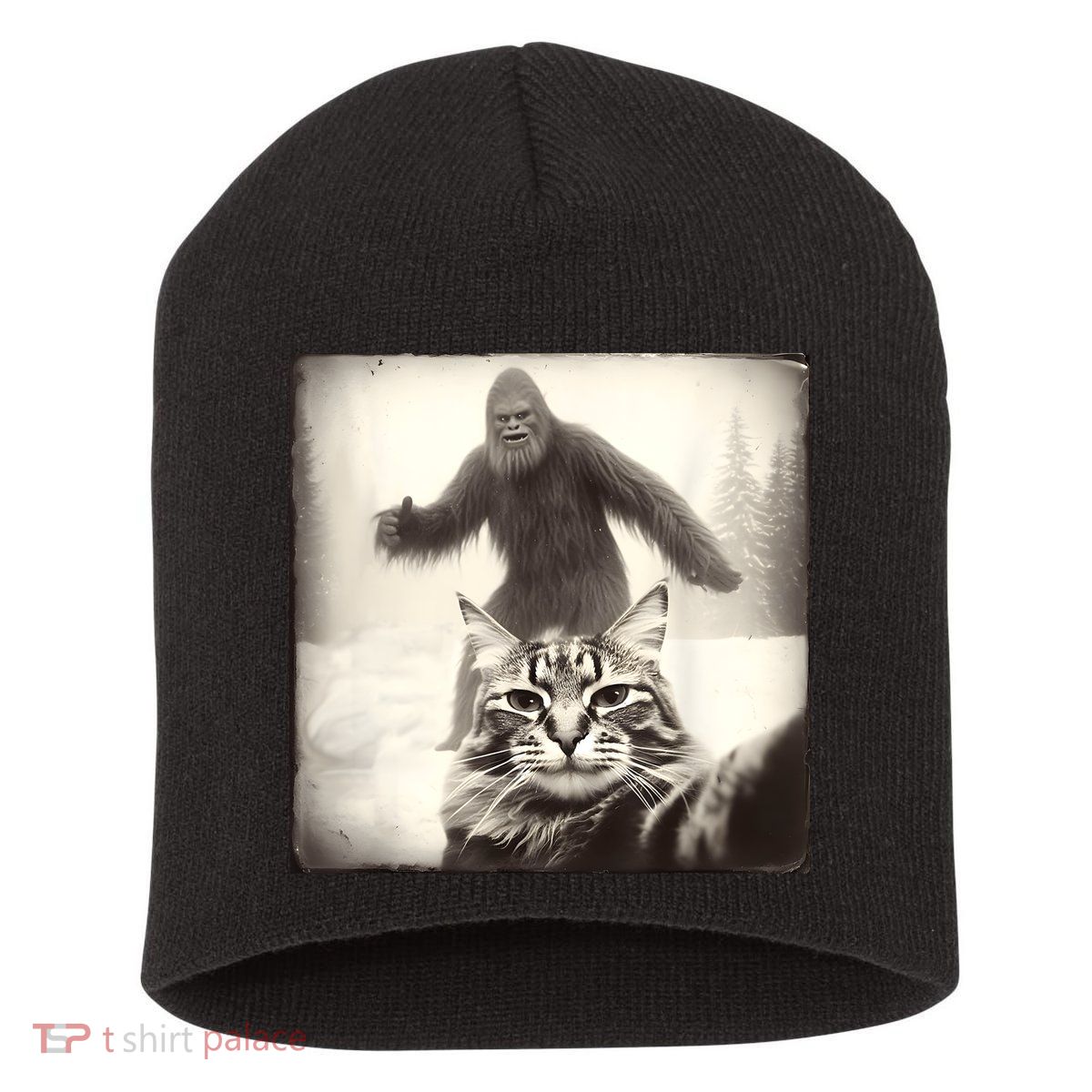 Selfie Cat Finds Bigfoot Sasquatch Funny Cat Bigfoot Photo Short Acrylic Beanie