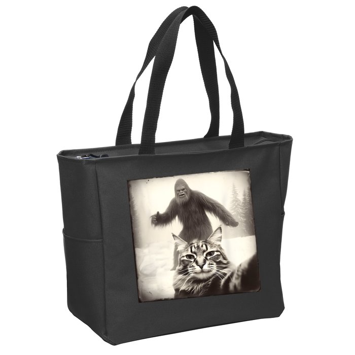 Selfie Cat Finds Bigfoot Sasquatch Funny Cat Bigfoot Photo Zip Tote Bag