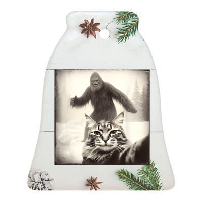 Selfie Cat Finds Bigfoot Sasquatch Funny Cat Bigfoot Photo Ceramic Bell Ornament