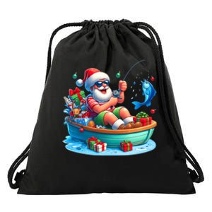 Santa Claus Fishing Christmas In July Beach River Summer Drawstring Bag