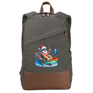 Santa Claus Fishing Christmas In July Beach River Summer Cotton Canvas Backpack