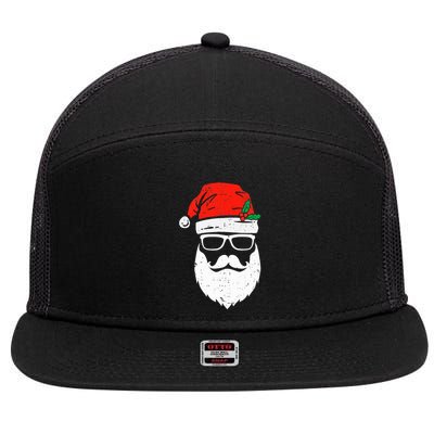Santa Claus Face Sunglasses with Hat Beard Christmas  7 Panel Mesh Trucker Snapback Hat