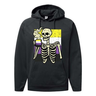 Skeleton Coffee Fun Enby Pride Flag Lgbt Performance Fleece Hoodie