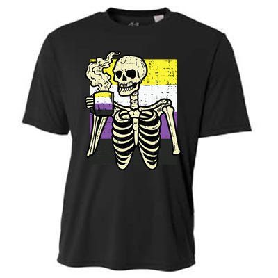 Skeleton Coffee Fun Enby Pride Flag Lgbt Cooling Performance Crew T-Shirt