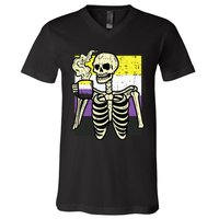 Skeleton Coffee Fun Enby Pride Flag Lgbt V-Neck T-Shirt